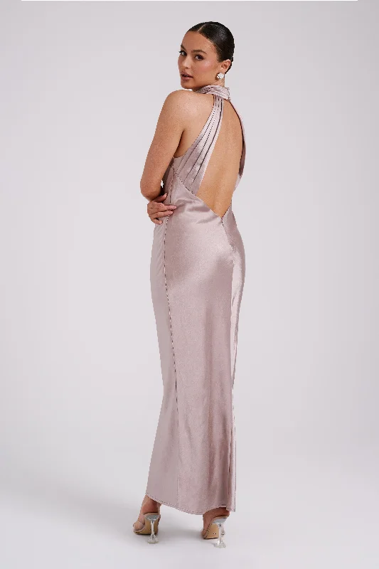 Claire Satin Drape Back Maxi Dress - Taupe Comfortable Plunging Neckline Maxi Dress