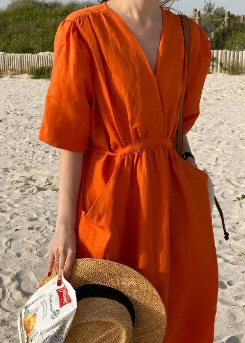 Classy Orange V Neck Pockets Patchwork Tie Waist Cotton Maxi Dress Summer Chic Off-Shoulder Maxi Dress Classy Orange V Neck Pockets Patchwork Tie Waist Cotton Maxi Dress Summer Chic Off-Shoulder Maxi Dress