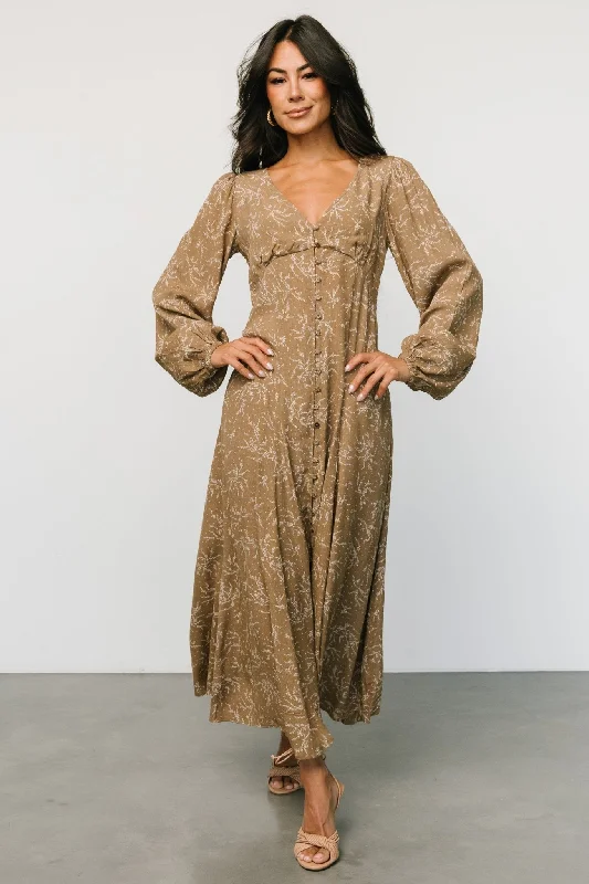 Claudine Maxi Dress | Dusty Brown Print Trendy Off-Shoulder Ruffle Maxi Dress