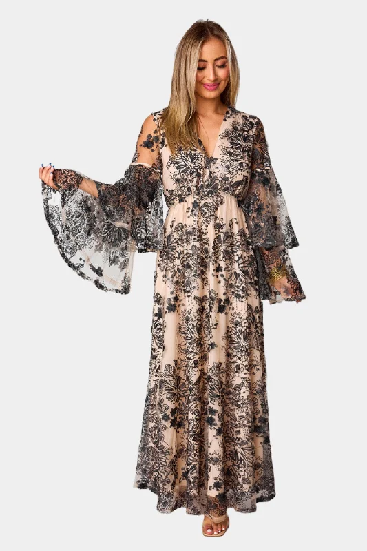 Colette Long Sleeve Maxi Dress - Flamenco Trendy Maxi Dress with Bow