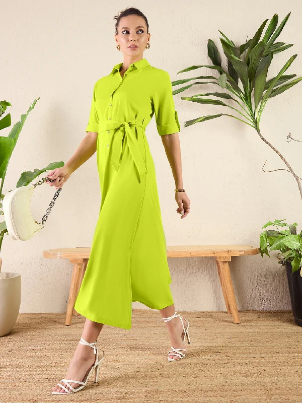 Collar Buttoned Down Shirt Maxi Dress Stylish Maxi Dress with Pleats