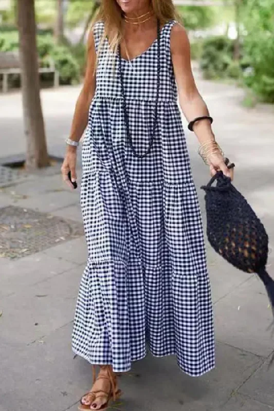 Cotton And Linen Plaid Loose Maxi Dress Fashionable Chiffon Maxi Dress