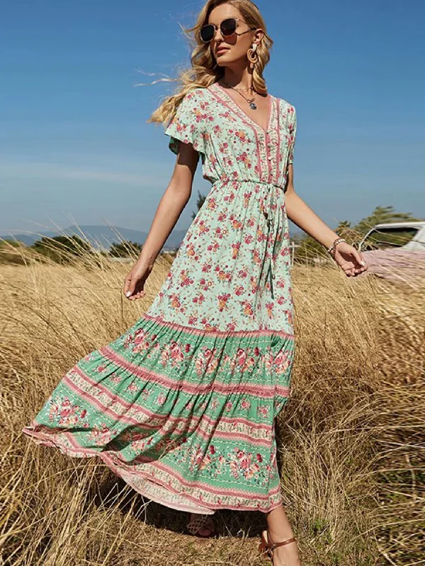 BerriesJam - Countryside Bohemian Casual Maxi Dress Trendy Fit-and-Flare Maxi Dress