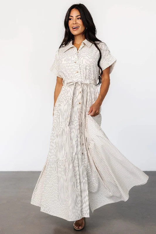 Covey Button Up Maxi Dress | Cream Stripe Trendy Floral Print Maxi Dress