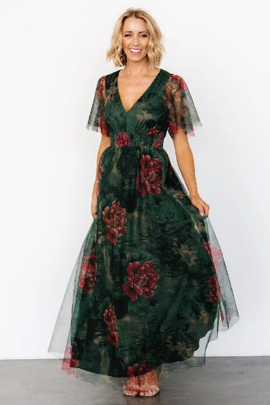 Cressida Tulle Maxi Dress | Dark Green + Red Floral Comfortable Bohemian Maxi Dress