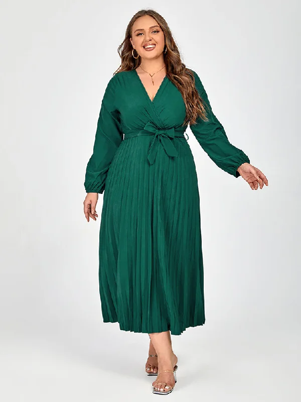 Plus V-Neck Belted Lantern Sleeve Maxi Dress Comfortable Bohemian Maxi Dress