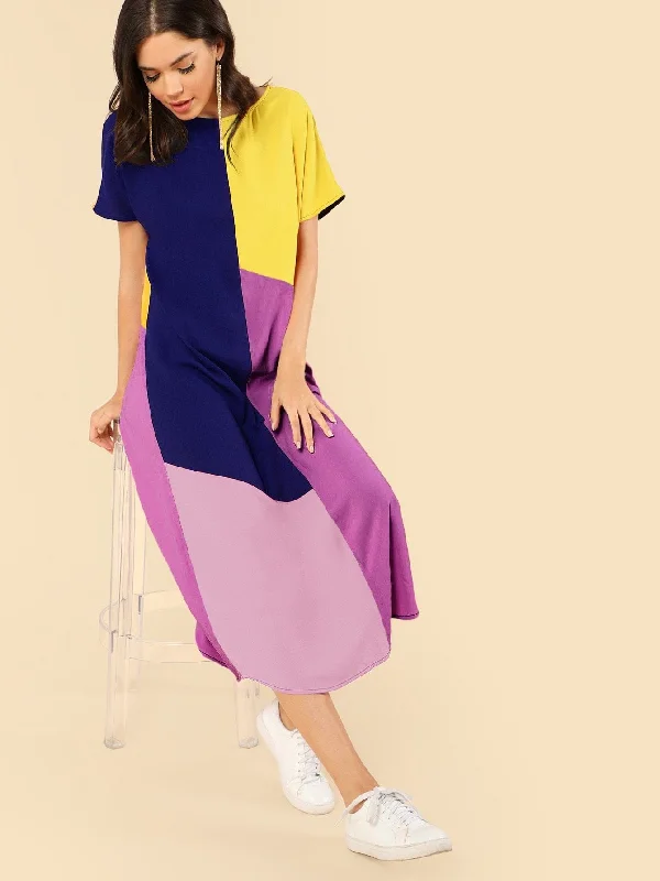 Cut & Sew Topstitch Maxi Dress Casual Maxi Dress with Pockets