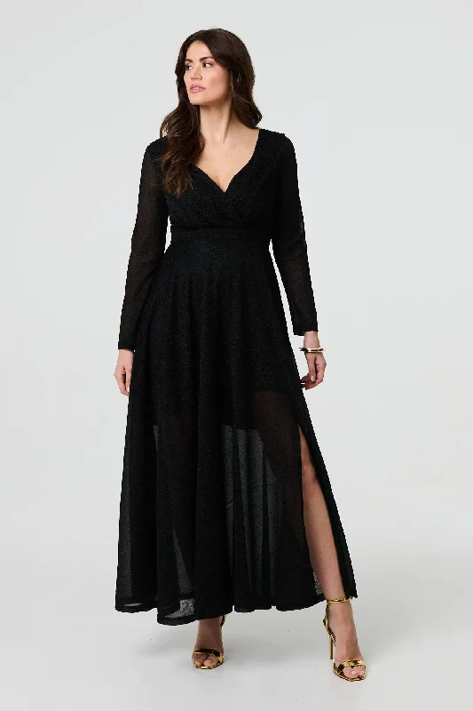 Sparkly V-Neck Long Sleeve Maxi Dress Trendy Maxi Dress with Belt