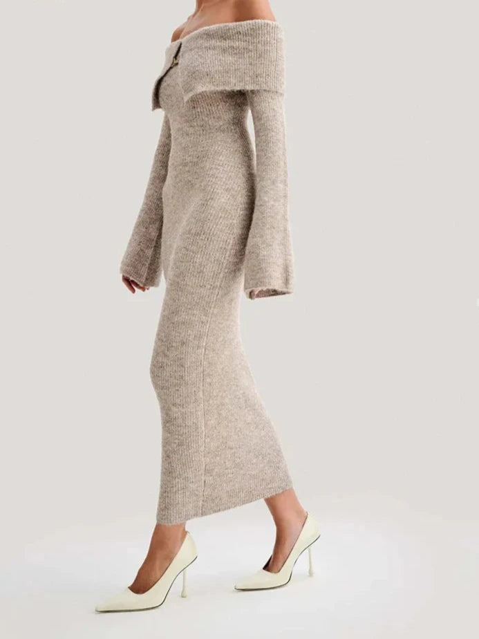 A&A Elegant Knitted Lapel Off Shoulder Maxi Dress Chic Button-Up Maxi Dress