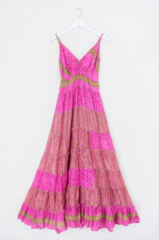 Delilah Maxi Dress - Barbie Pink & Bronze Patchwork - Vintage Sari - Free Size M/L Classic V-Neck Maxi Dress