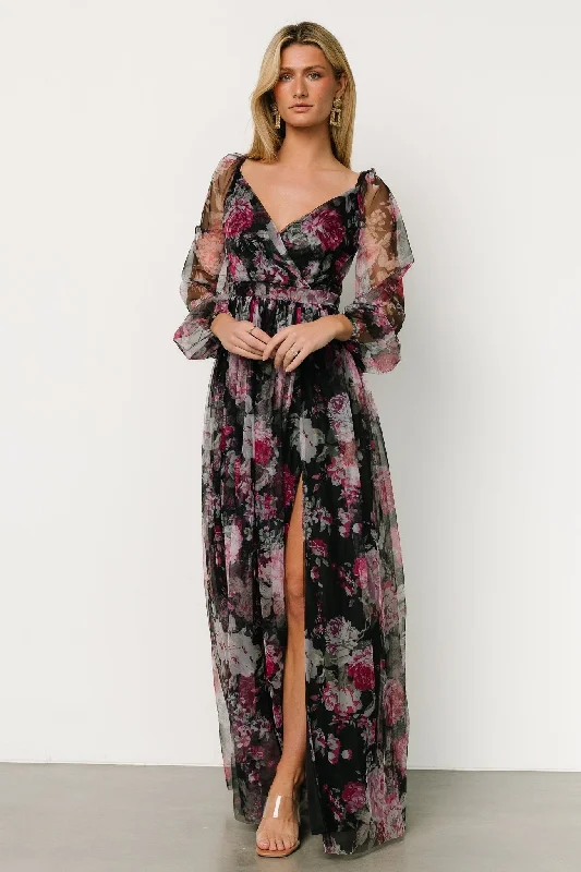 Desiree Tulle Maxi Dress | Black + Fuchsia Comfortable Satin Maxi Dress