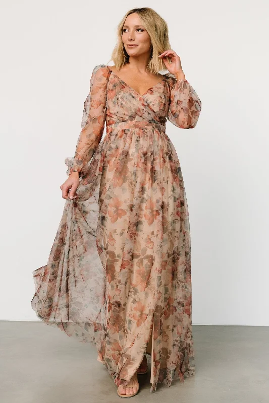 Desiree Tulle Maxi Dress | Taupe Floral Cozy Ribbed Maxi Dress