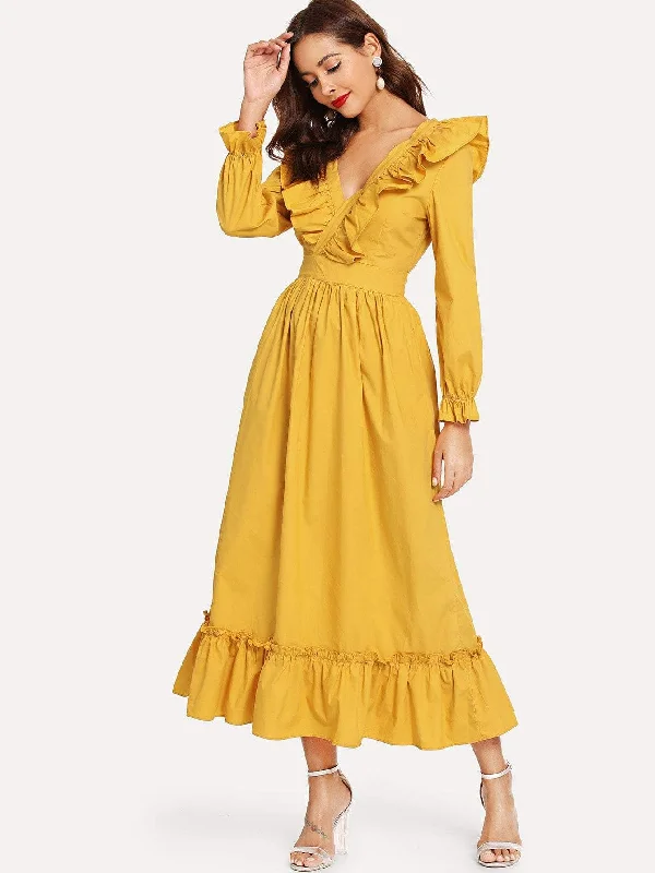 Double V Neck Surplice Ruffle Maxi Dress Comfortable Fit-and-Flare Maxi Dress