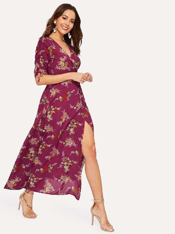 Drawstring Sleeve Split Floral Wrap Maxi Dress Classic Tulle Maxi Dress