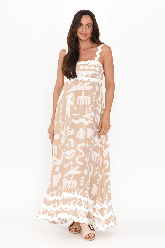Eda Beige Abstract Maxi Dress Comfortable Fitted Maxi Dress