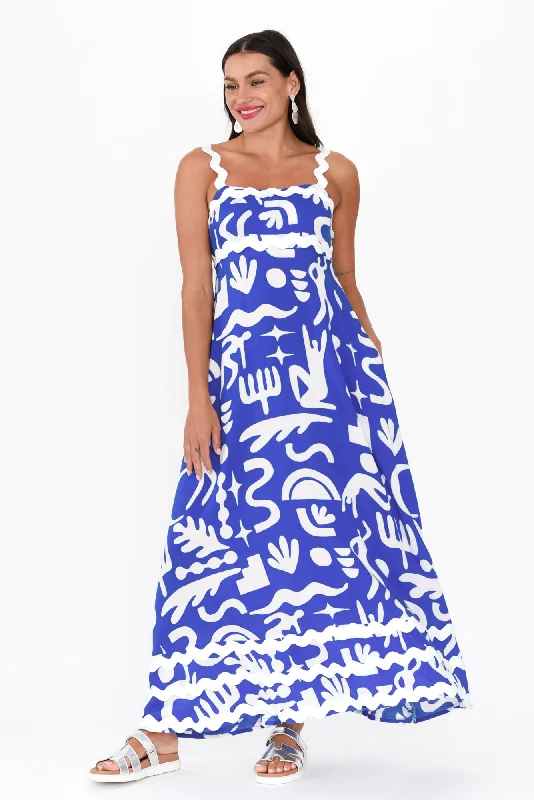 Eda Blue Abstract Maxi Dress Comfortable Maxi Dress with Slits