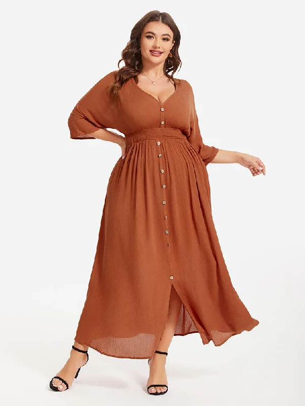 V-Neck Button Front Elastic Waist Split Maxi Dress Elegant Pleated Maxi Dress