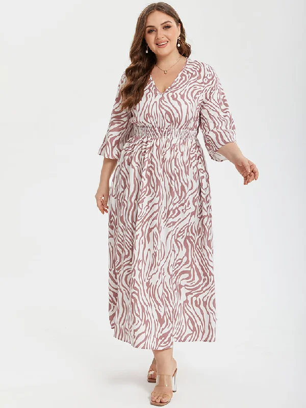 Zebra Striped V-Neck Elastic Waist Pocket Maxi Dress Chic Summer Maxi Dress
