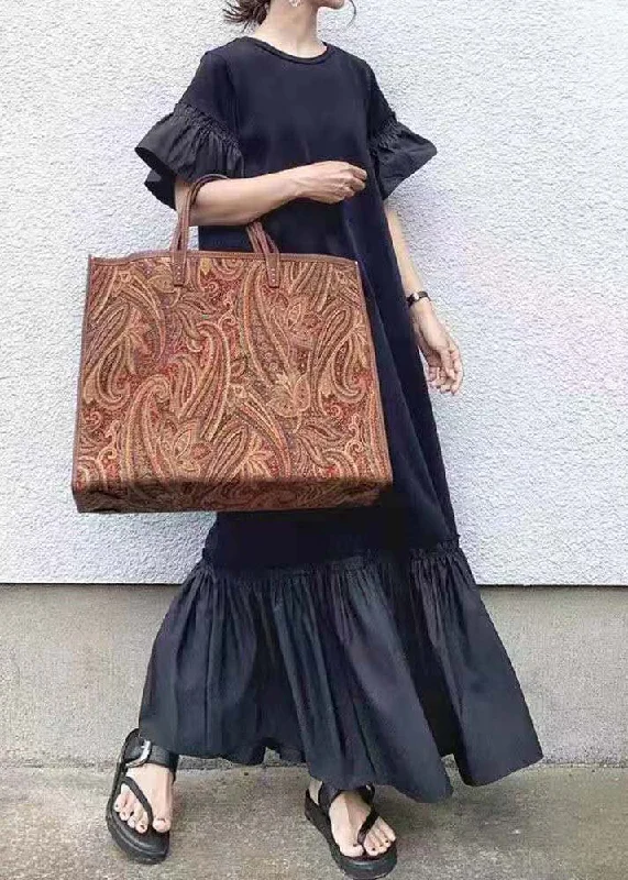 Elegant Black O-Neck Patchwork Ruffles Cotton Maxi Dresses Puff Sleeve Fashionable Maxi Dress with Fringe Elegant Black O-Neck Patchwork Ruffles Cotton Maxi Dresses Puff Sleeve Fashionable Maxi Dress with Fringe