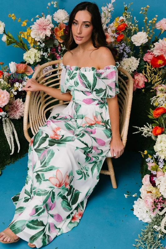 Elina Maxi Dress | White + Green Multi Floral Elegant Boho Maxi Dress