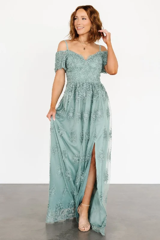 Esperanza Tulle Embroidered Maxi Dress | Sage Elegant Maxi Dress with Belt