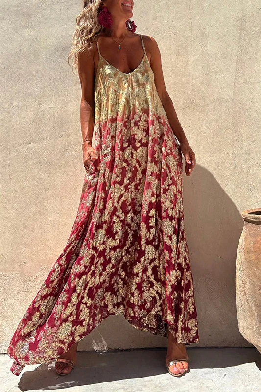 Eternal Dreamer Golden Floral Gradient Pocket A-line Cami Maxi Dress Chic Button-Up Maxi Dress