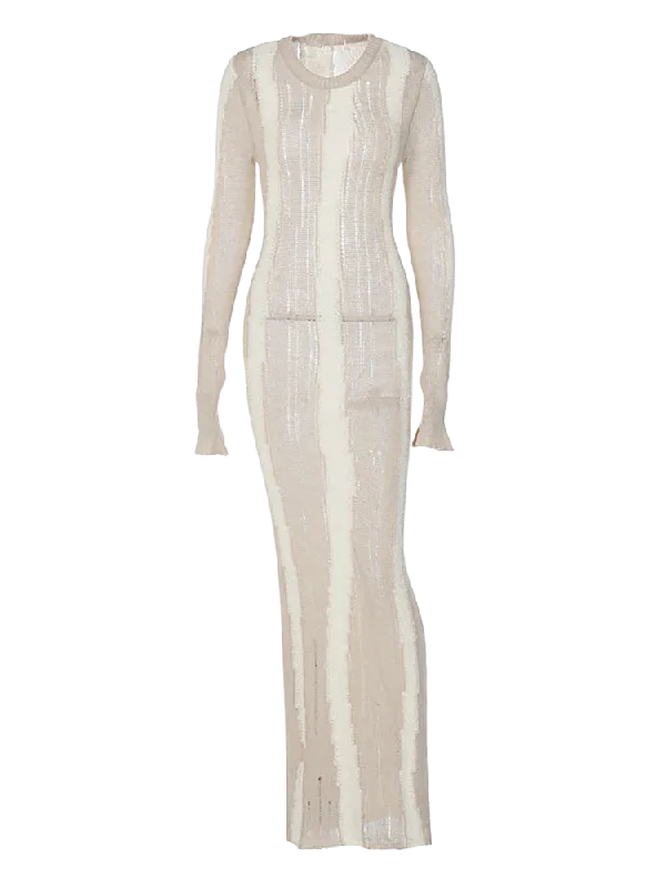 A&A Frayed Knit Sheer Long Sleeve Maxi Dress Chic Button-Up Maxi Dress