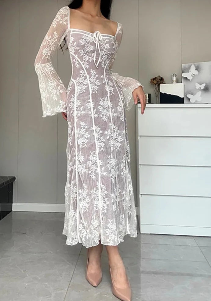 A&A Luxe Vintage Square Collar Lace Long Sleeve Maxi Dress Trendy Maxi Dress with Bow A&A Luxe Vintage Square Collar Lace Long Sleeve Maxi Dress Trendy Maxi Dress with Bow