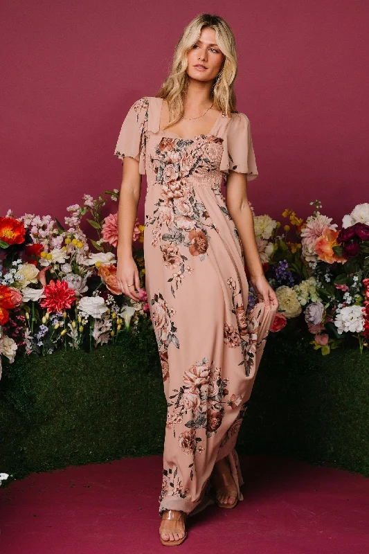 Fleur Maxi Dress | Nude Floral Fashionable Sheer Maxi Dress