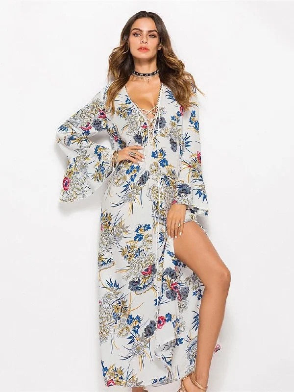 Floral Lace-up Plunge Split Maxi Dress Trendy Maxi Dress with Lace