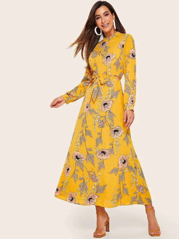 Floral Print Belted Chiffon Maxi Dress Comfortable Ruffle Maxi Dress