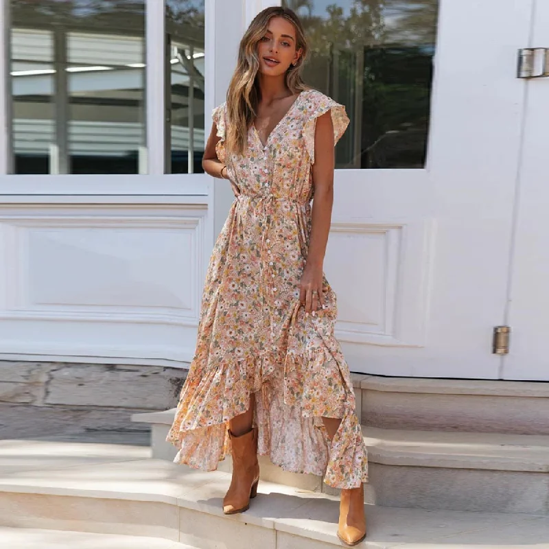 BerriesJam - Floral Print Button Sashes Ladies Gypsy Maxi Dress Elegant Silk Maxi Dress BerriesJam - Floral Print Button Sashes Ladies Gypsy Maxi Dress Elegant Silk Maxi Dress