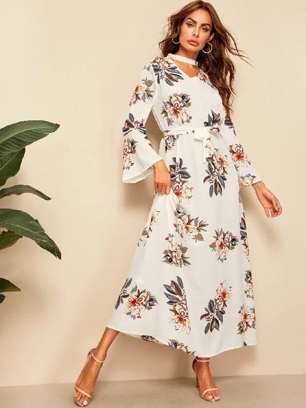 Floral Print Flounce Sleeve Belted Maxi Dress Comfortable Ruffle Hem Maxi Dress