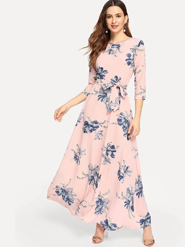 Floral Print Self Tie Maxi Dress Fashionable Button-Down Maxi Dress