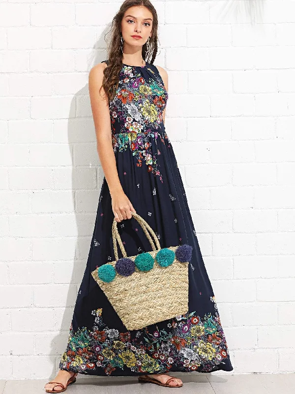 Flounce Detail Tie Back Floral Maxi Dress Stylish Off-Shoulder Maxi Dress