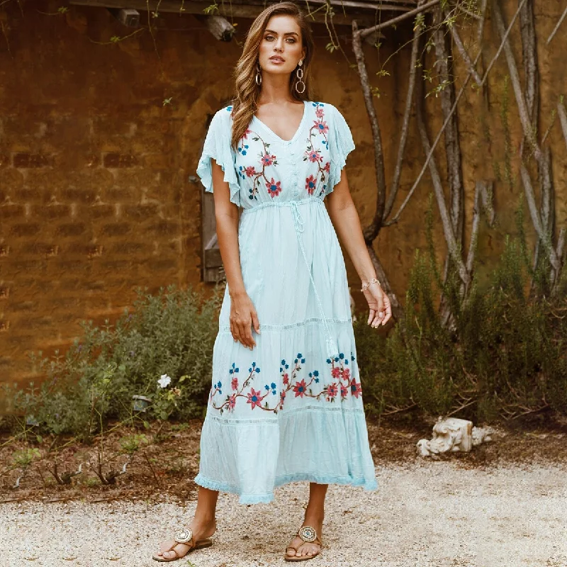 BerriesJam - Flower Blue Ruffle Godness Maxi Dress Fashionable Sheer Maxi Dress