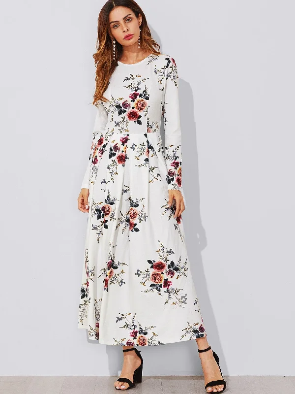 Flower Print Box Pleated Maxi Dress Stylish One-Shoulder Maxi Dress