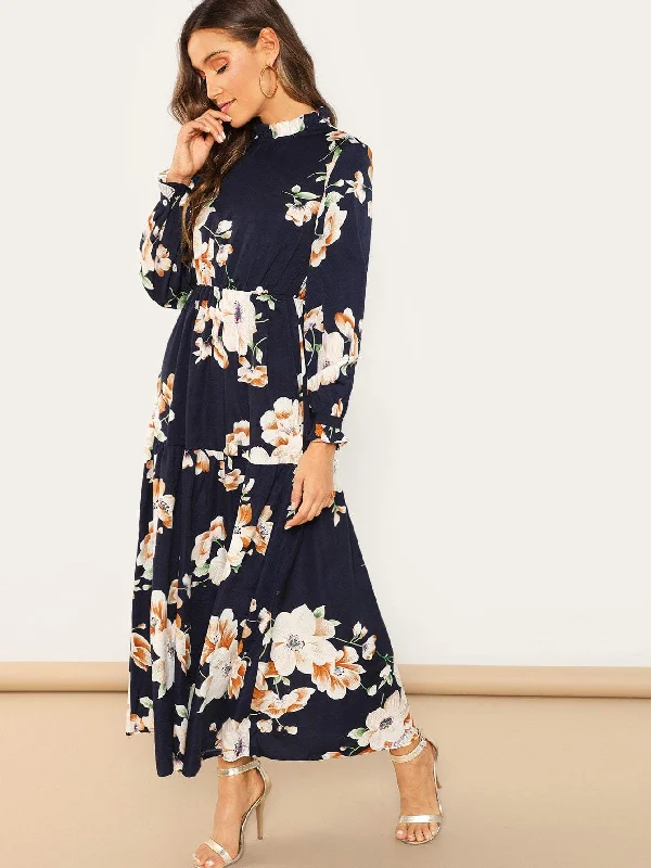 Frill Neck Floral Maxi Dress Trendy Printed Maxi Dress