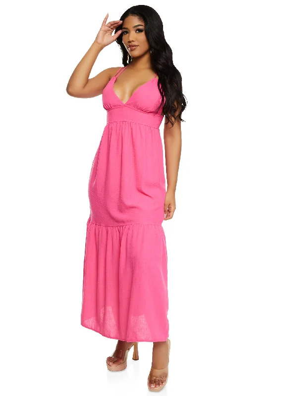 Haute Monde Linen Plunge Tiered Maxi Dress Chic Off-Shoulder Maxi Dress