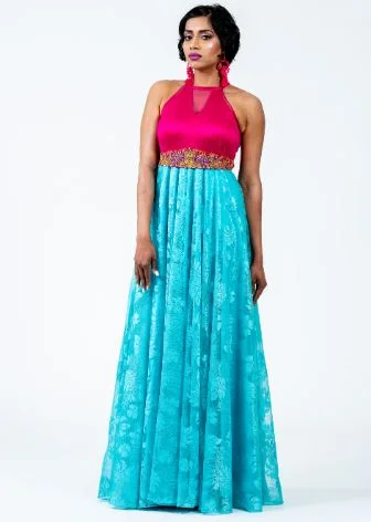 Fuschia Pink Satin & Net Maxi Dress Comfortable Pleated Maxi Dress