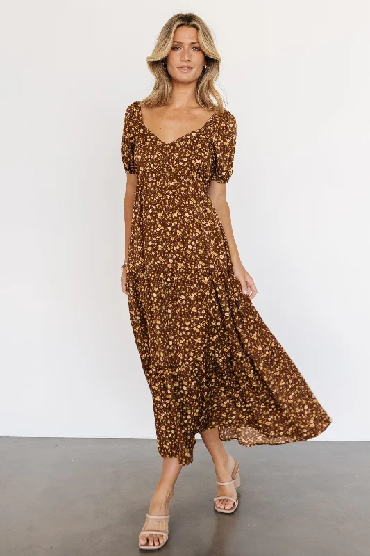 Gables Puff Sleeve Maxi Dress | Brown Multi Stylish Longline Maxi Dress