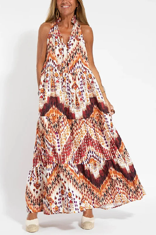 Graceful Appearance Boho Ethnic Print A-line Maxi Dress Elegant Maxi Dress with Pockets