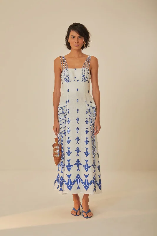 Off-White Graphic Fishes Euroflax™ Premium Linen Maxi Dress Stylish Pleated A-Line Maxi Dress