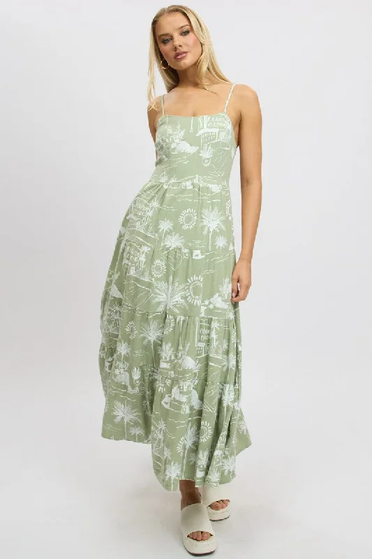 Green Abstract Maxi Dress Tiered Strappy Stylish Empire Waist Maxi Dress