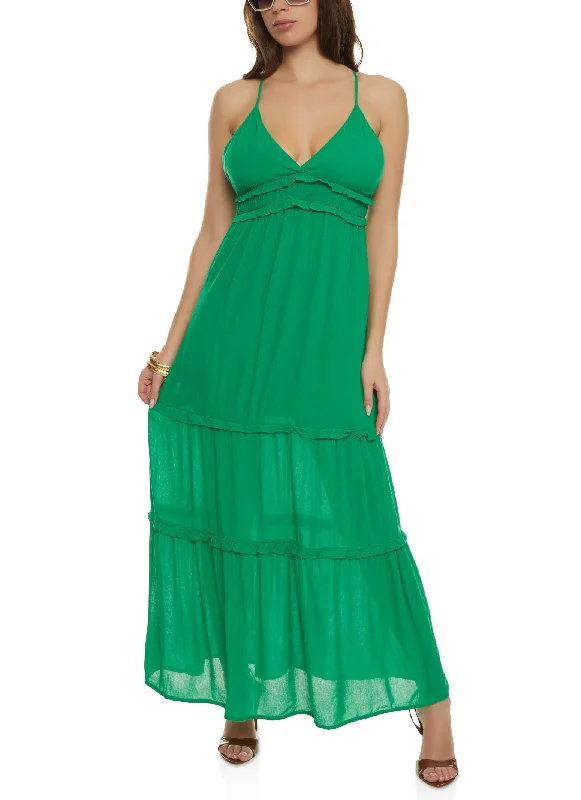 Sleeveless Tiered Empire Waist Maxi Dress Trendy Off-Shoulder Ruffle Maxi Dress