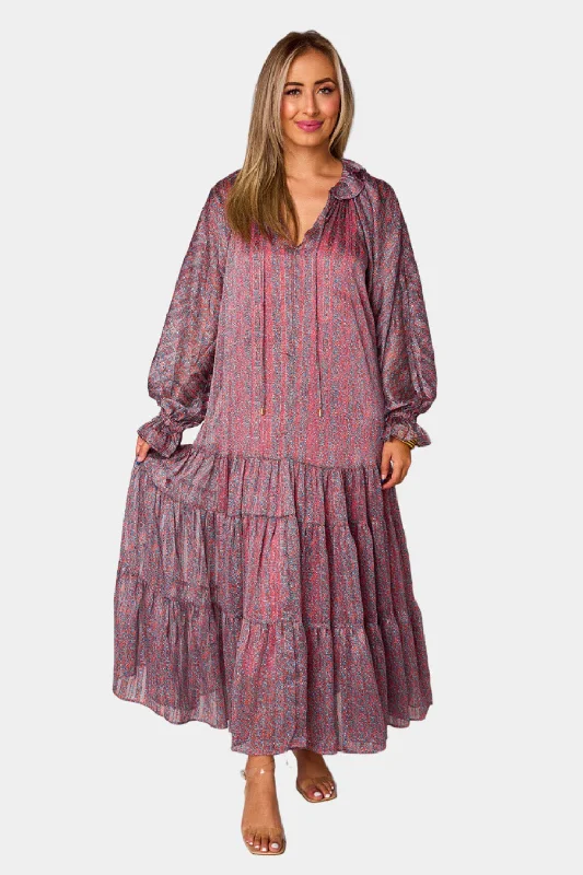 Greta Long Sleeve Maxi Dress - Forget Me Not Fashionable Maxi Dress with Fringe