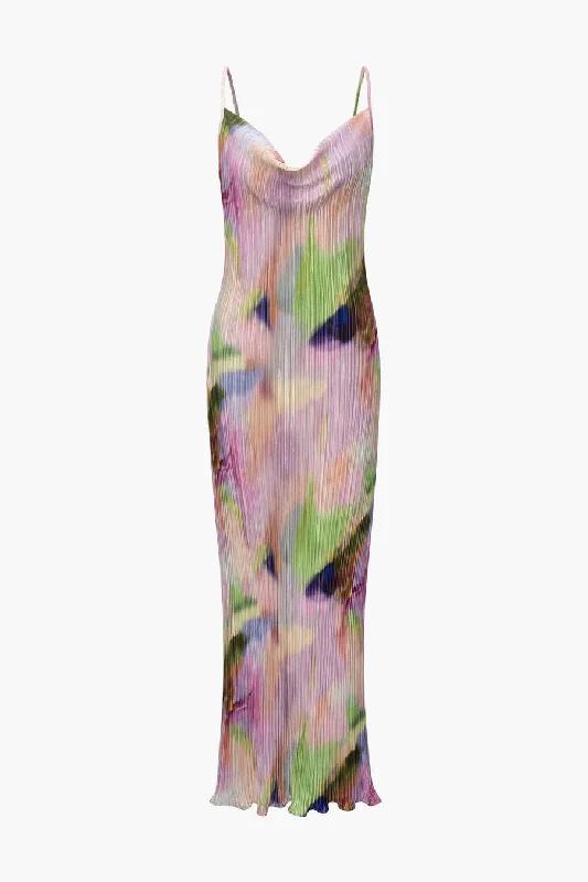 A&A Abstract Plisse Cowl Neck Maxi Dress Elegant Maxi Dress with Ruffles