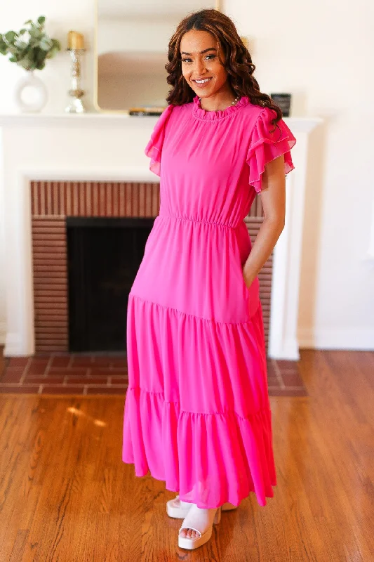 Perfectly You Hot Pink Mock Neck Tiered Chiffon Maxi Dress (Open Pack) Stylish V-Neck Maxi Dress