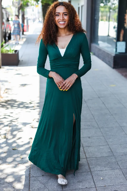 Hunter Green V-Neck Maxi Dress Fashionable Sheer Maxi Dress