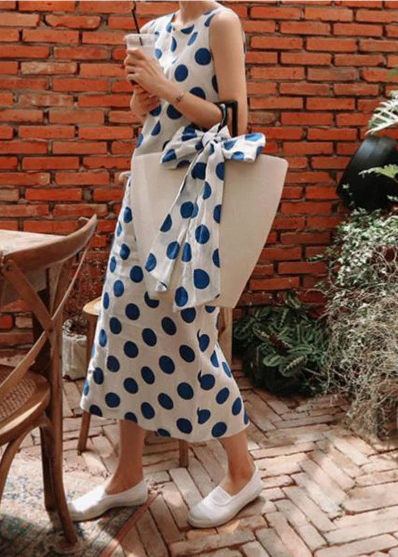 Italian Blue Dot Print Cinched Side Open Cotton Maxi Dresses Sleeveless Trendy Maxi Dress with Straps